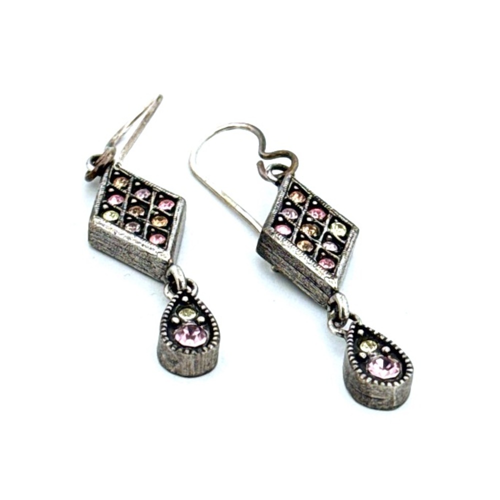 Patricia Locke silver tone multicolored crystal dangle vintage earrings